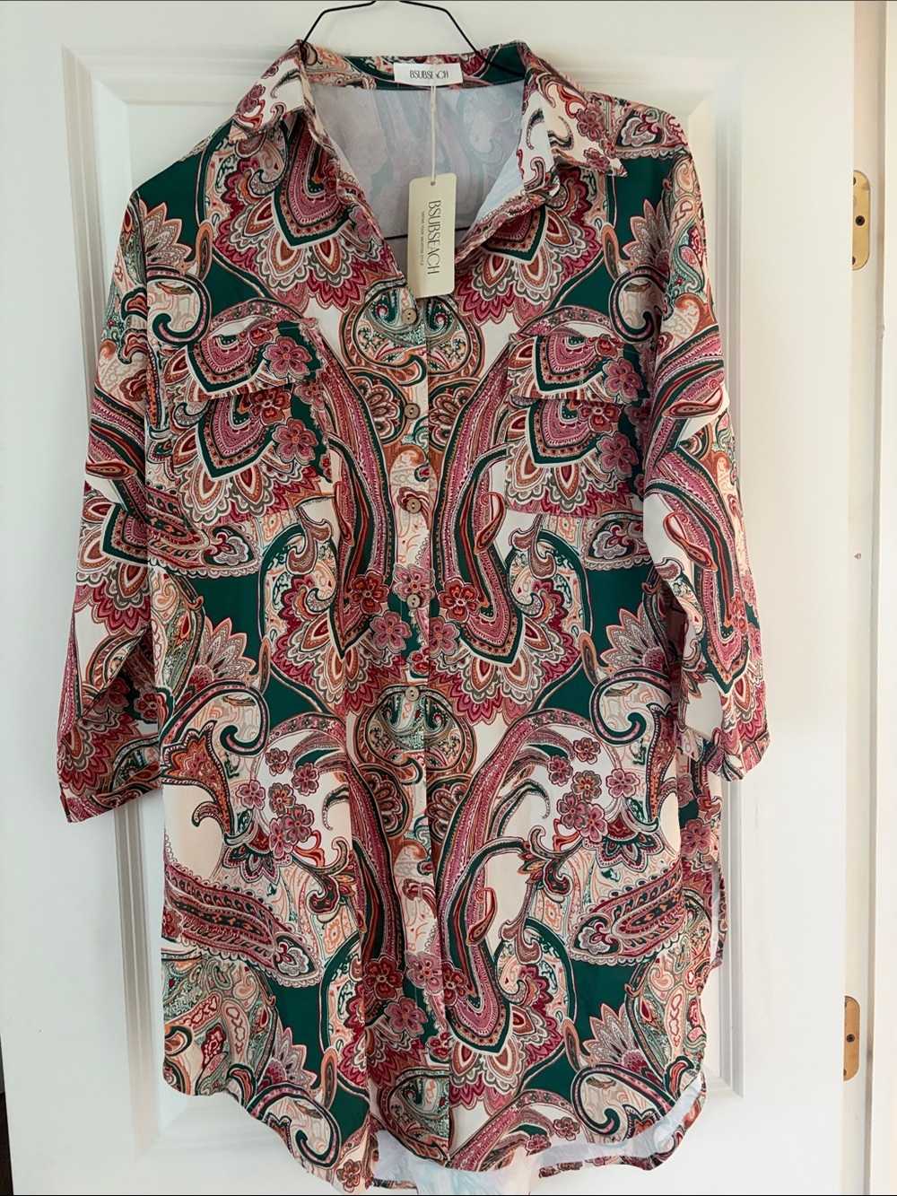 Paisley Shirt Dress/Coverup in Green and Pink - Picture 9 of 9
